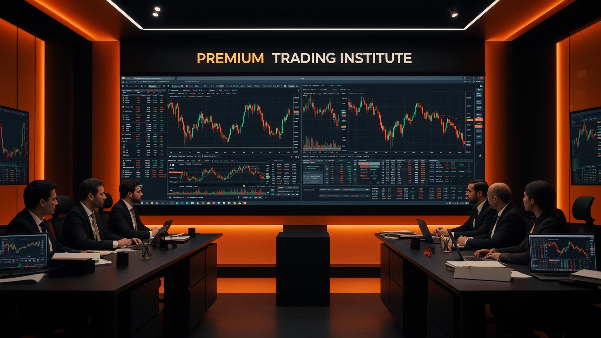 Premium trading classroom environment with mentors and market screens