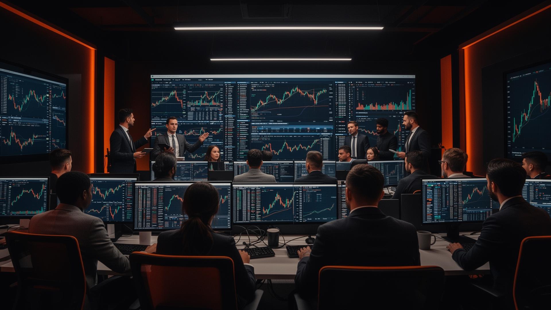 Mentors guiding students in a modern trading classroom with multiple charting screens